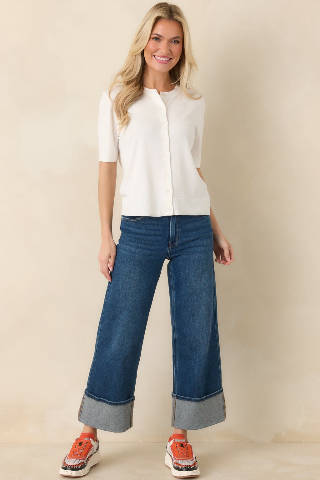 Women's Classic Choice Ivory Knit Button Front Short Sleeve Top | 80% Viscose & 20% Nylon 0