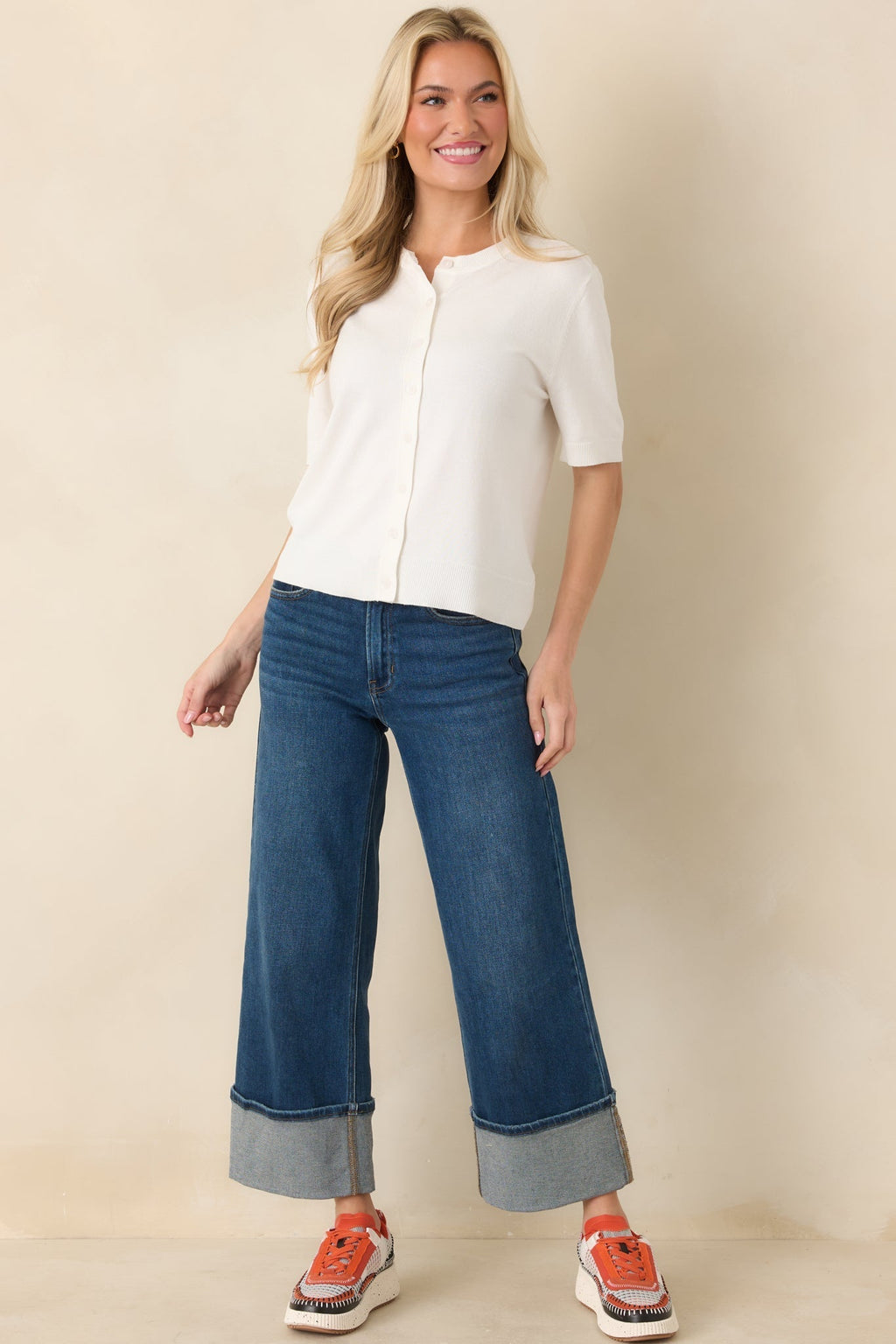 Women's Classic Choice Ivory Knit Button Front Short Sleeve Top | 80% Viscose & 20% Nylon 3