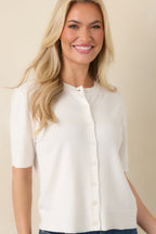 Women's Classic Choice Ivory Knit Button Front Short Sleeve Top | 80% Viscose & 20% Nylon 6