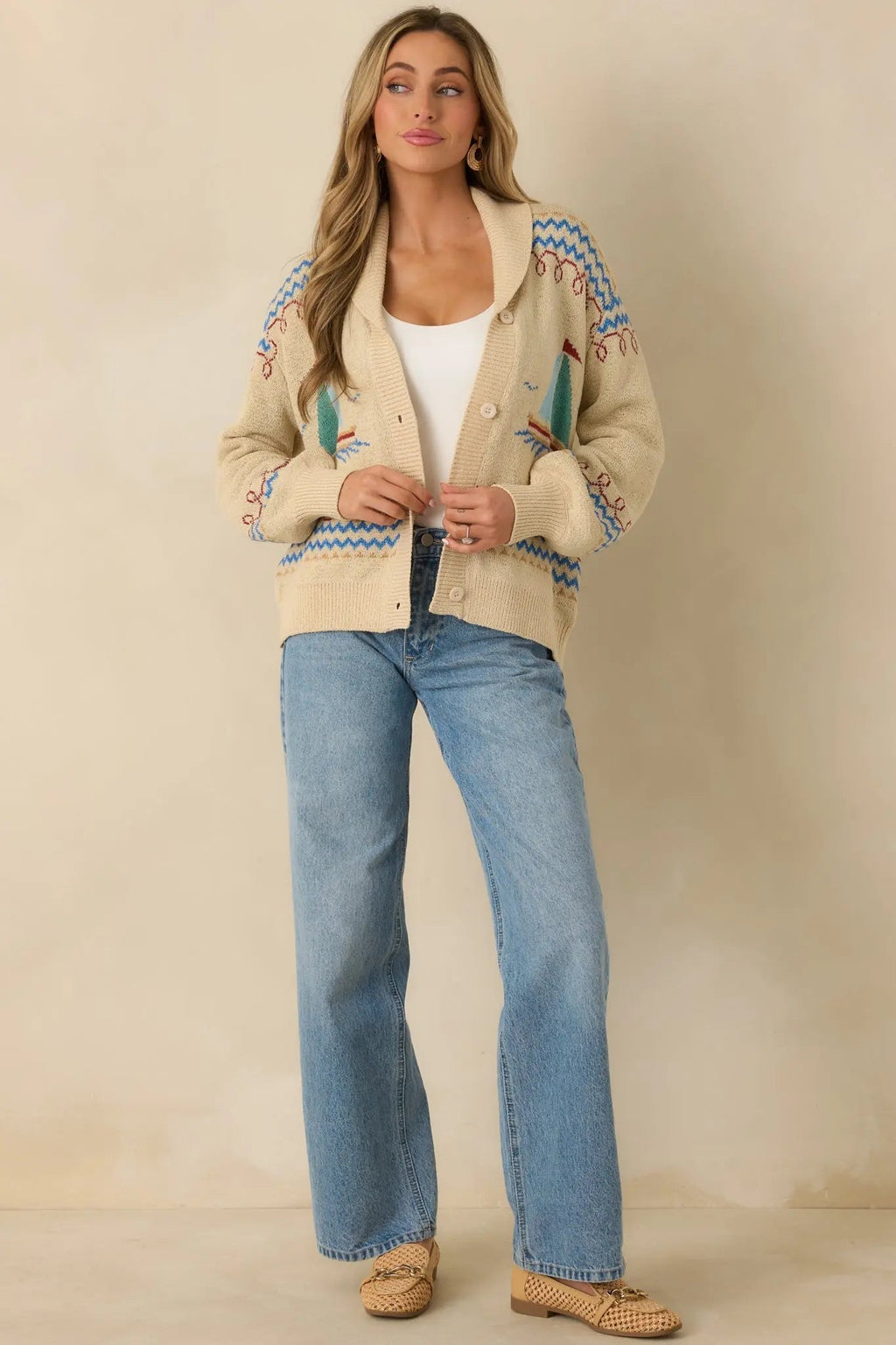 Women's Coast Is Clear Light Beige Multi Knit Button-Up Sailboat Cardigan Sweater | 60% Acrylic & 40% Nylon 1
