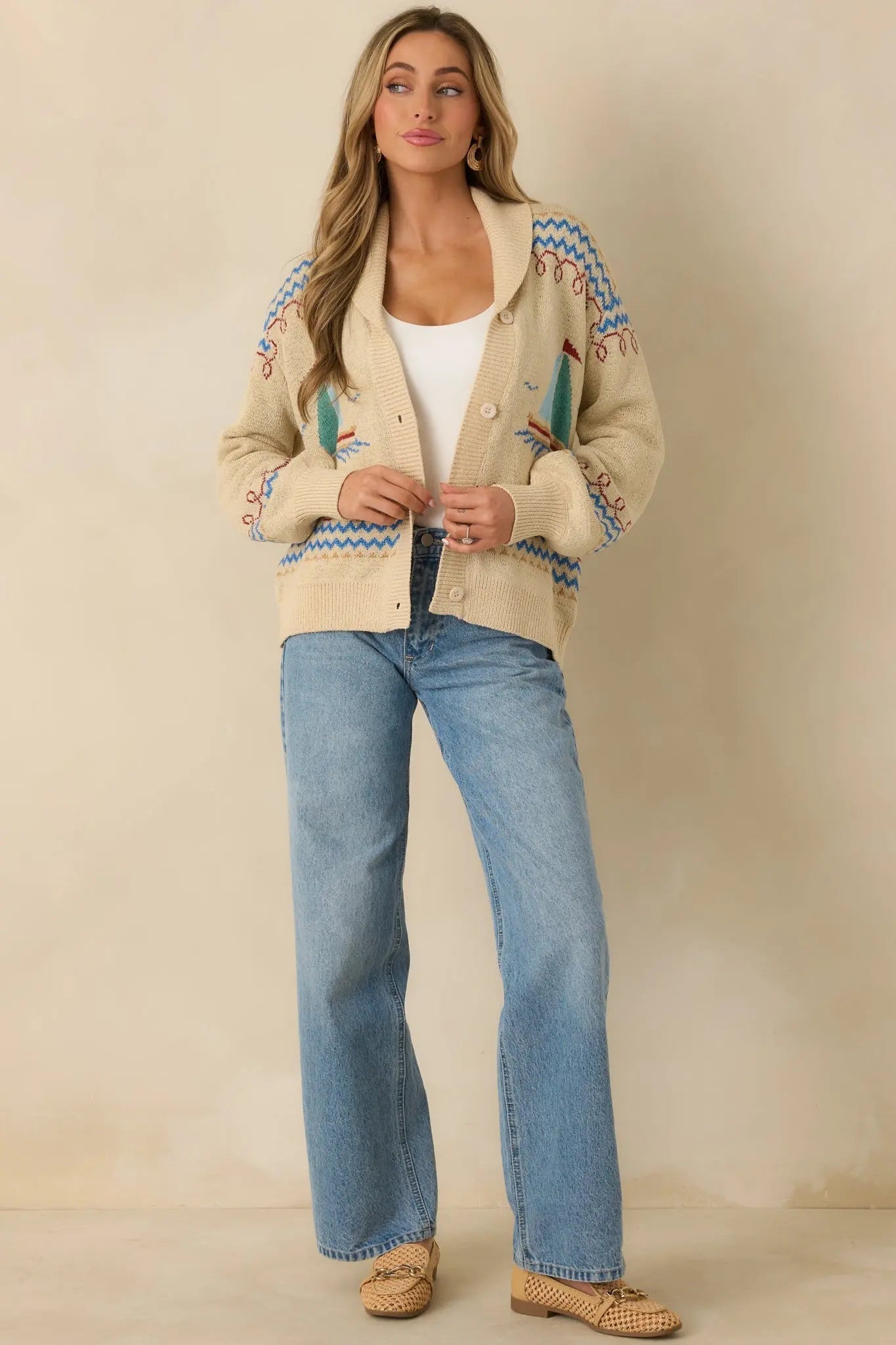 Women's Coast Is Clear Light Beige Multi Knit Button-Up Sailboat Cardigan Sweater | 60% Acrylic & 40% Nylon 1