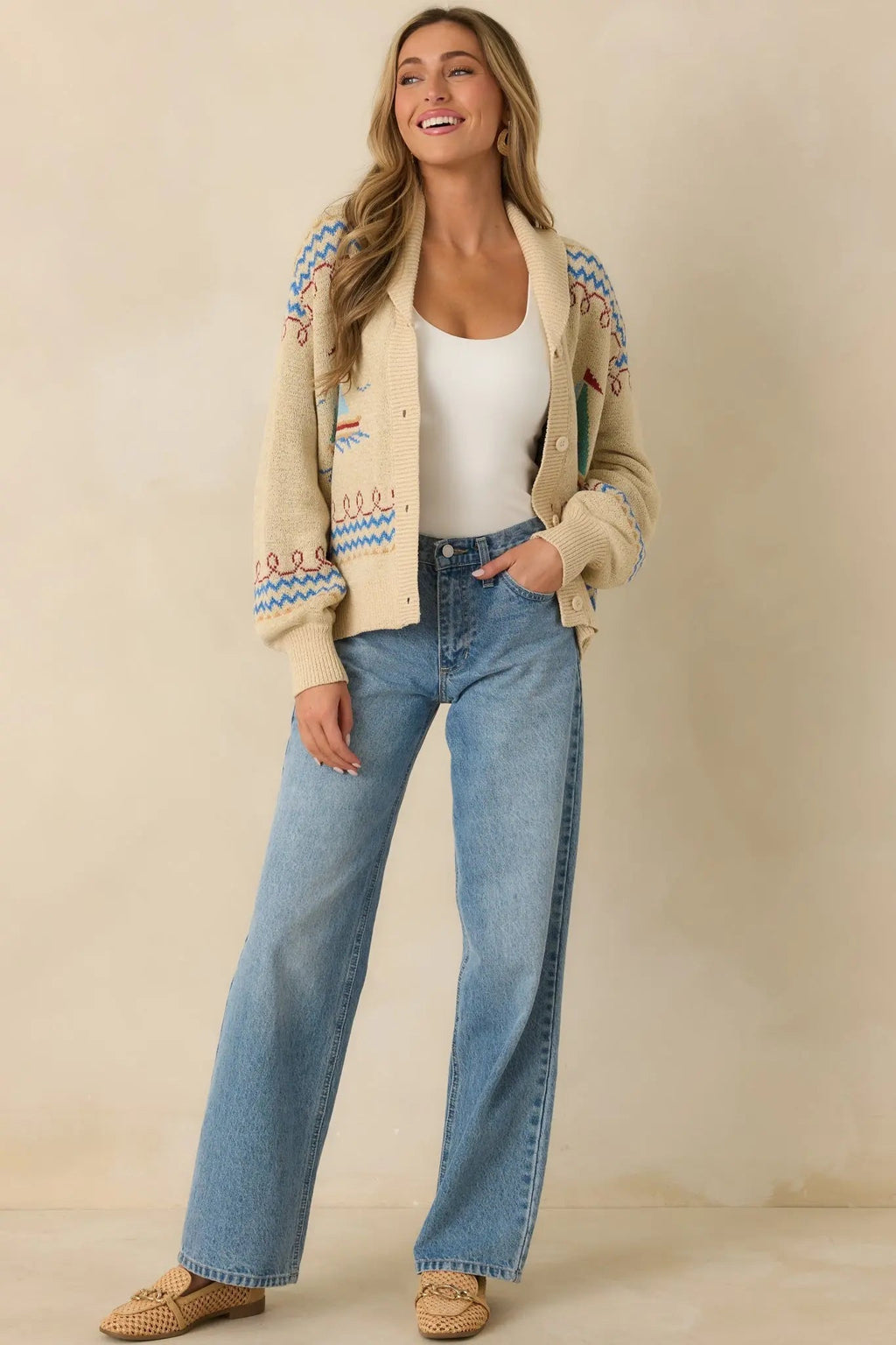 Women's Coast Is Clear Light Beige Multi Knit Button-Up Sailboat Cardigan Sweater | 60% Acrylic & 40% Nylon 2