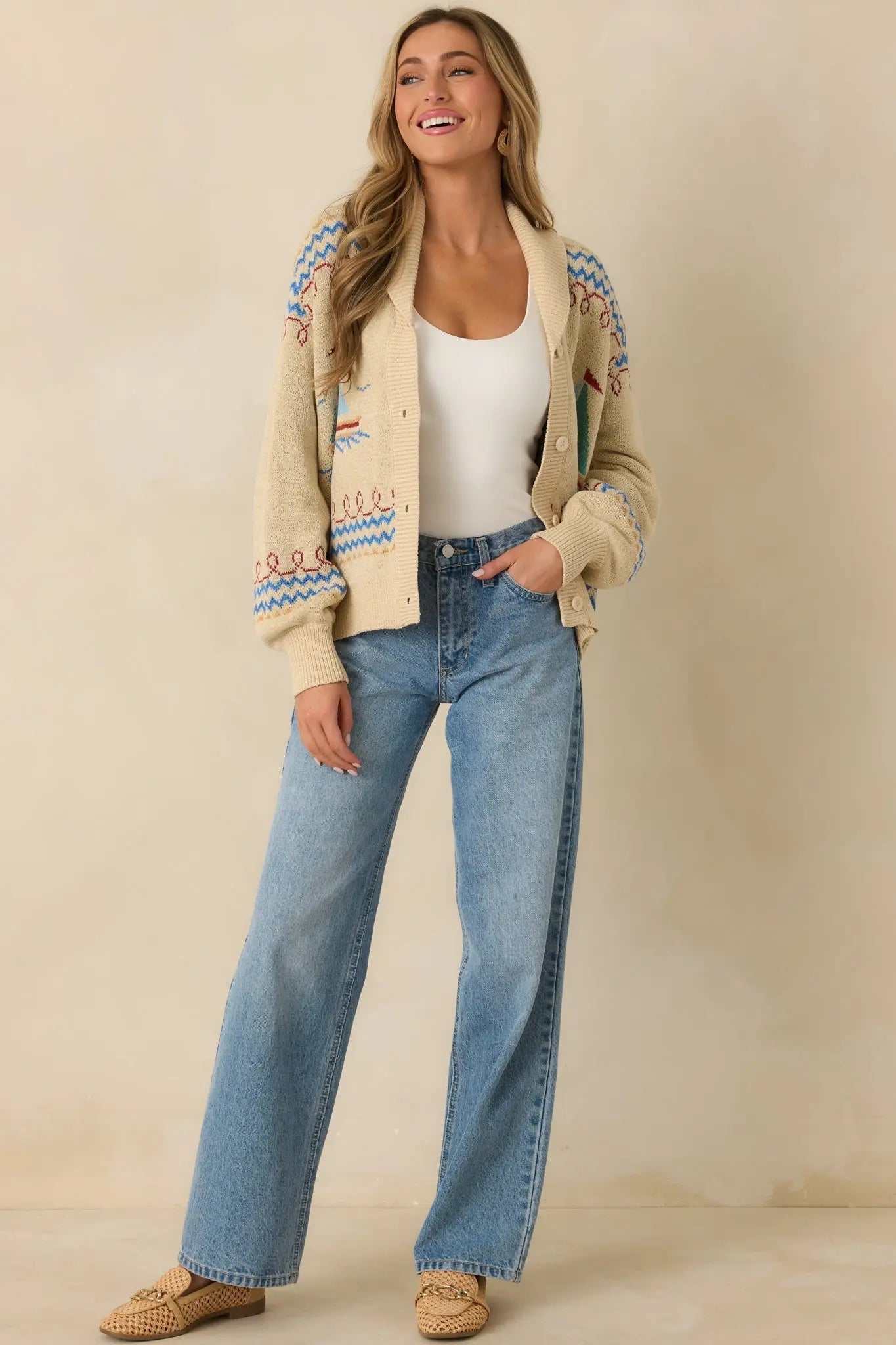 Women's Coast Is Clear Light Beige Multi Knit Button-Up Sailboat Cardigan Sweater | 60% Acrylic & 40% Nylon 2