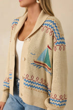 Women's Coast Is Clear Light Beige Multi Knit Button-Up Sailboat Cardigan Sweater | 60% Acrylic & 40% Nylon 3