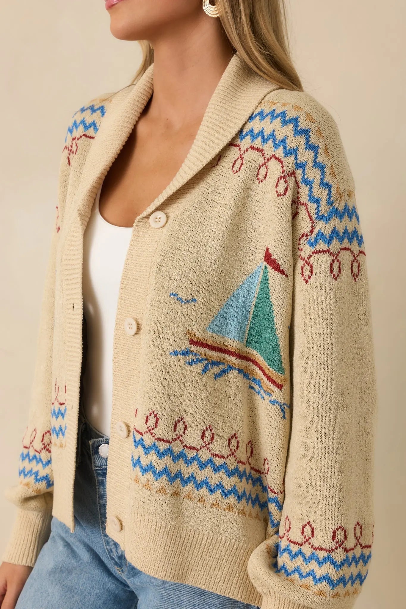 Women's Coast Is Clear Light Beige Multi Knit Button-Up Sailboat Cardigan Sweater | 60% Acrylic & 40% Nylon 3