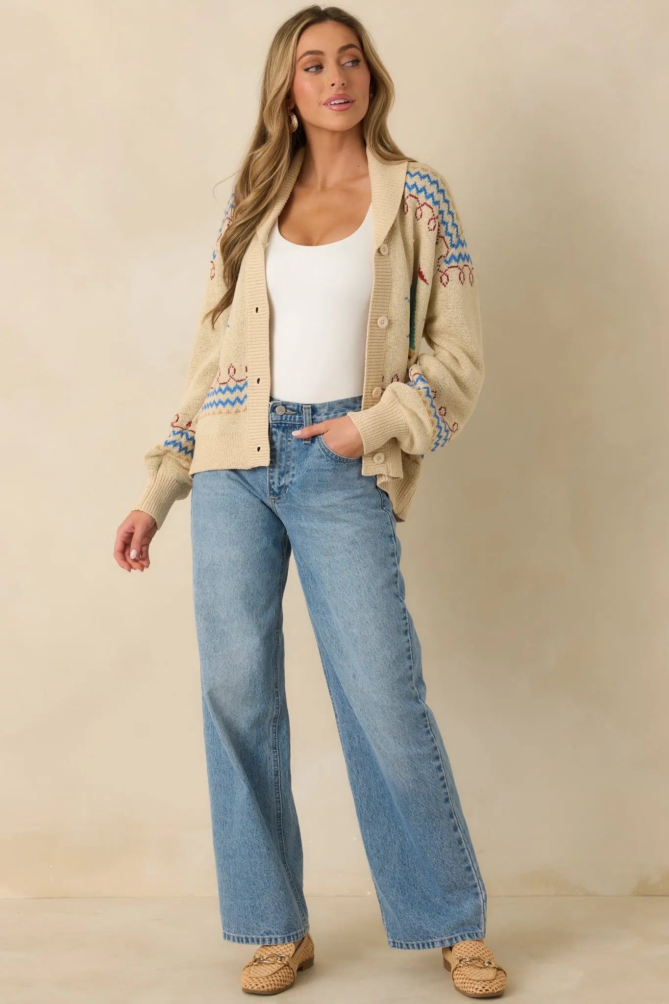 Women's Coast Is Clear Light Beige Multi Knit Button-Up Sailboat Cardigan Sweater | 60% Acrylic & 40% Nylon 4