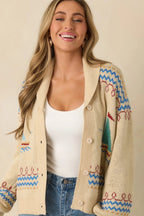 Women's Coast Is Clear Light Beige Multi Knit Button-Up Sailboat Cardigan Sweater | 60% Acrylic & 40% Nylon 5