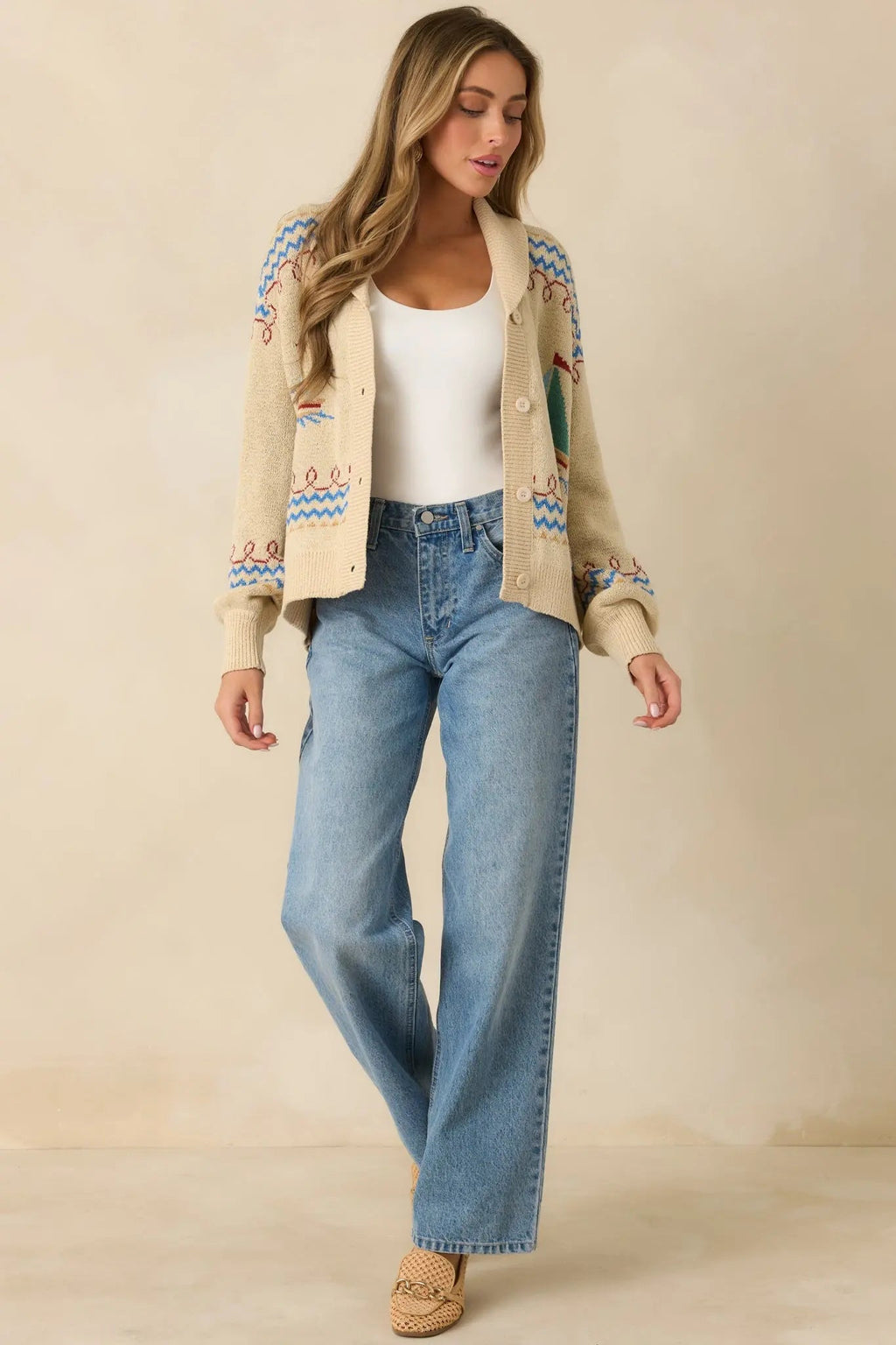 Women's Coast Is Clear Light Beige Multi Knit Button-Up Sailboat Cardigan Sweater | 60% Acrylic & 40% Nylon 6