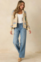 Women's Coast Is Clear Light Beige Multi Knit Button-Up Sailboat Cardigan Sweater | 60% Acrylic & 40% Nylon 6