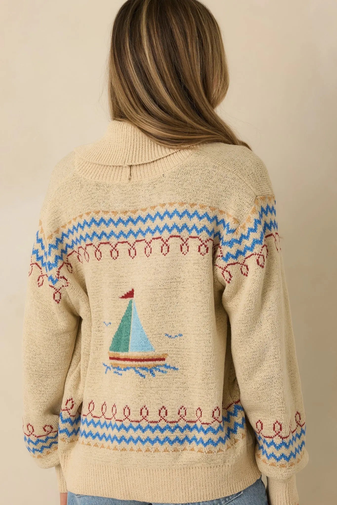 Women's Coast Is Clear Light Beige Multi Knit Button-Up Sailboat Cardigan Sweater | 60% Acrylic & 40% Nylon 7