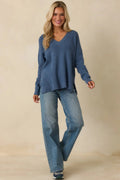 Women's Cozy Afternoon Heather Blue V-Neck Sweater | 50% Viscose 27% Polyester & 23% Nylon 0