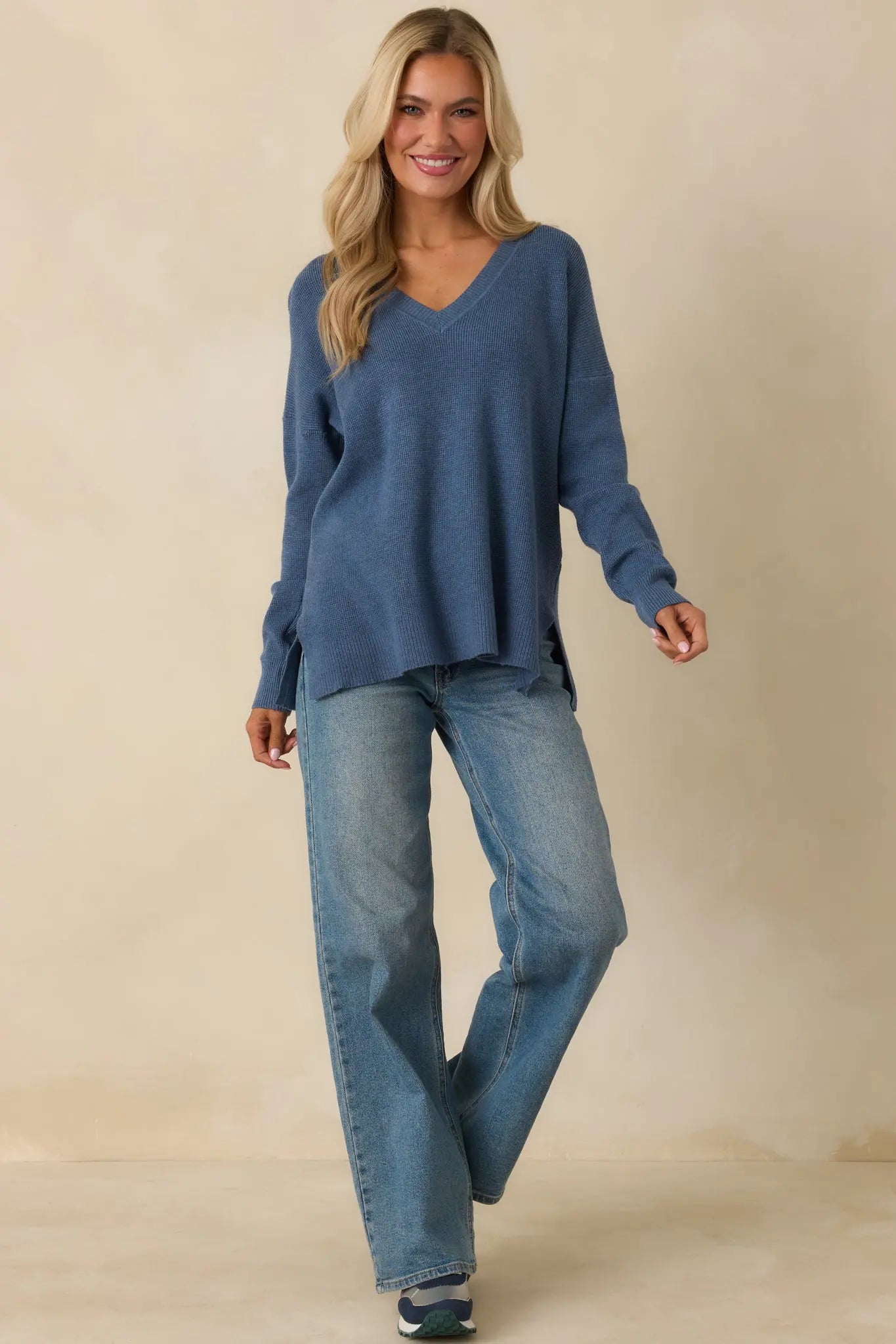 Women's Cozy Afternoon Heather Blue V-Neck Sweater | 50% Viscose 27% Polyester & 23% Nylon 0