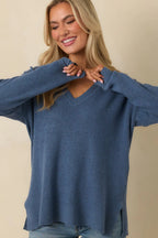 Women's Cozy Afternoon Heather Blue V-Neck Sweater | 50% Viscose 27% Polyester & 23% Nylon 1