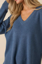 Women's Cozy Afternoon Heather Blue V-Neck Sweater | 50% Viscose 27% Polyester & 23% Nylon 2