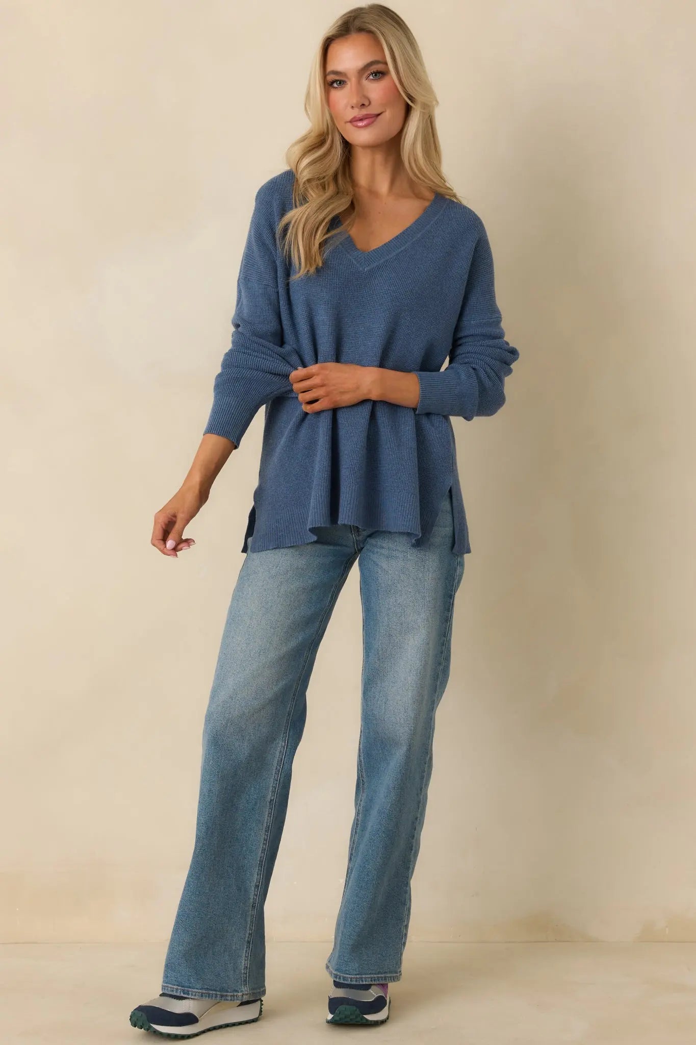 Women's Cozy Afternoon Heather Blue V-Neck Sweater | 50% Viscose 27% Polyester & 23% Nylon 3