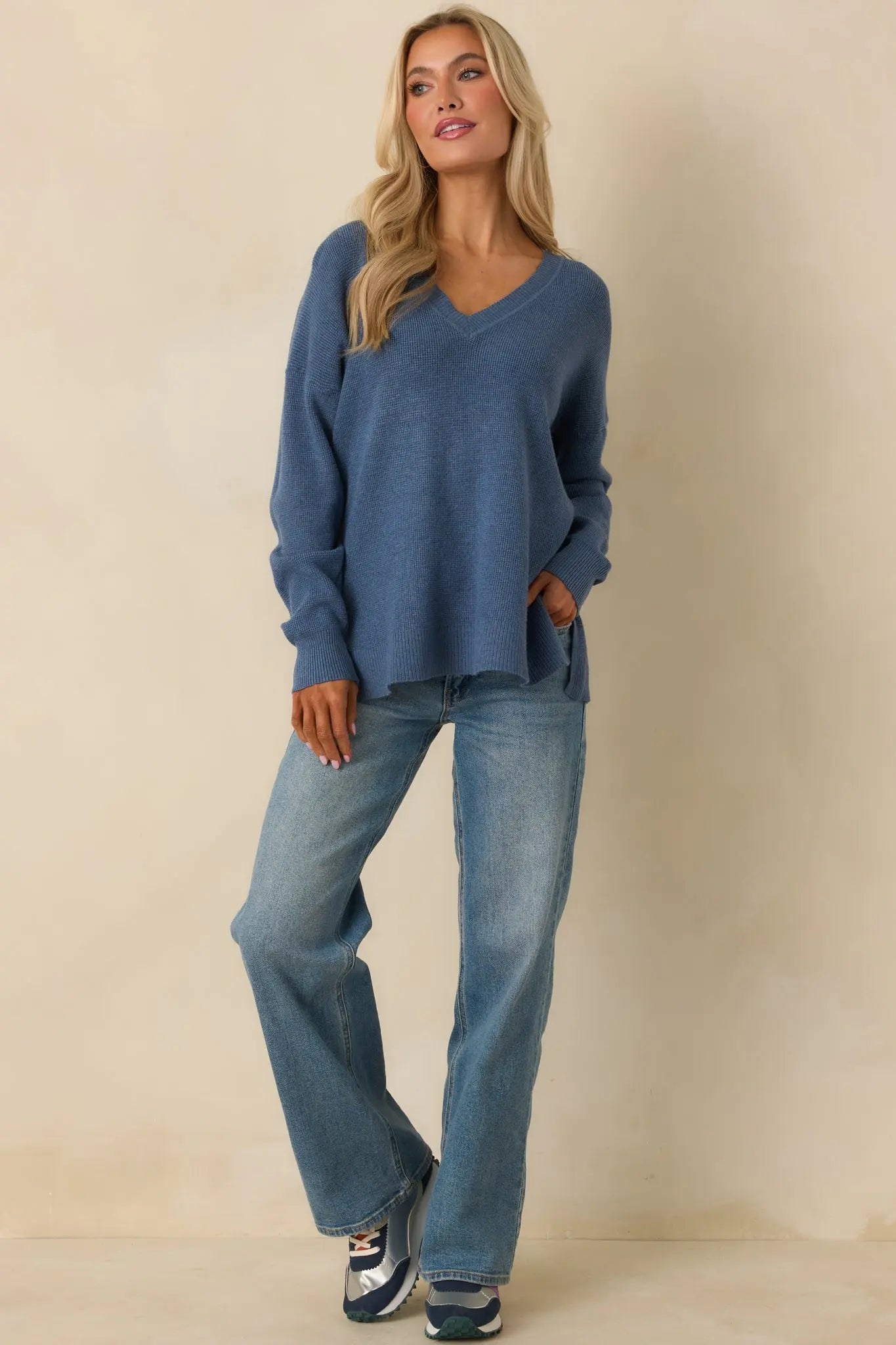 Women's Cozy Afternoon Heather Blue V-Neck Sweater | 50% Viscose 27% Polyester & 23% Nylon 4