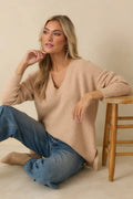 Women's Cozy Afternoon Light Taupe V-Neck Sweater | 50% Viscose 27% Polyester & 23% Nylon 0