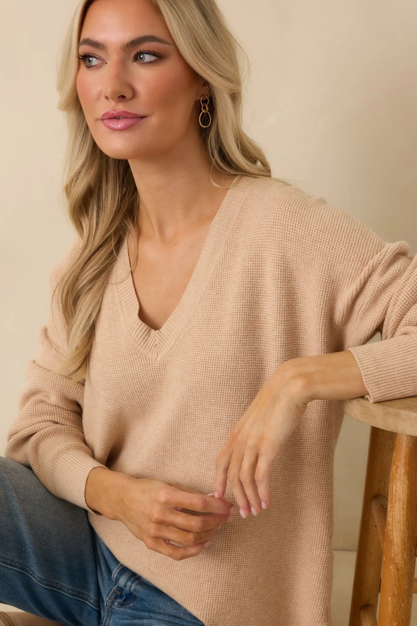 Women's Cozy Afternoon Light Taupe V-Neck Sweater | 50% Viscose 27% Polyester & 23% Nylon 1
