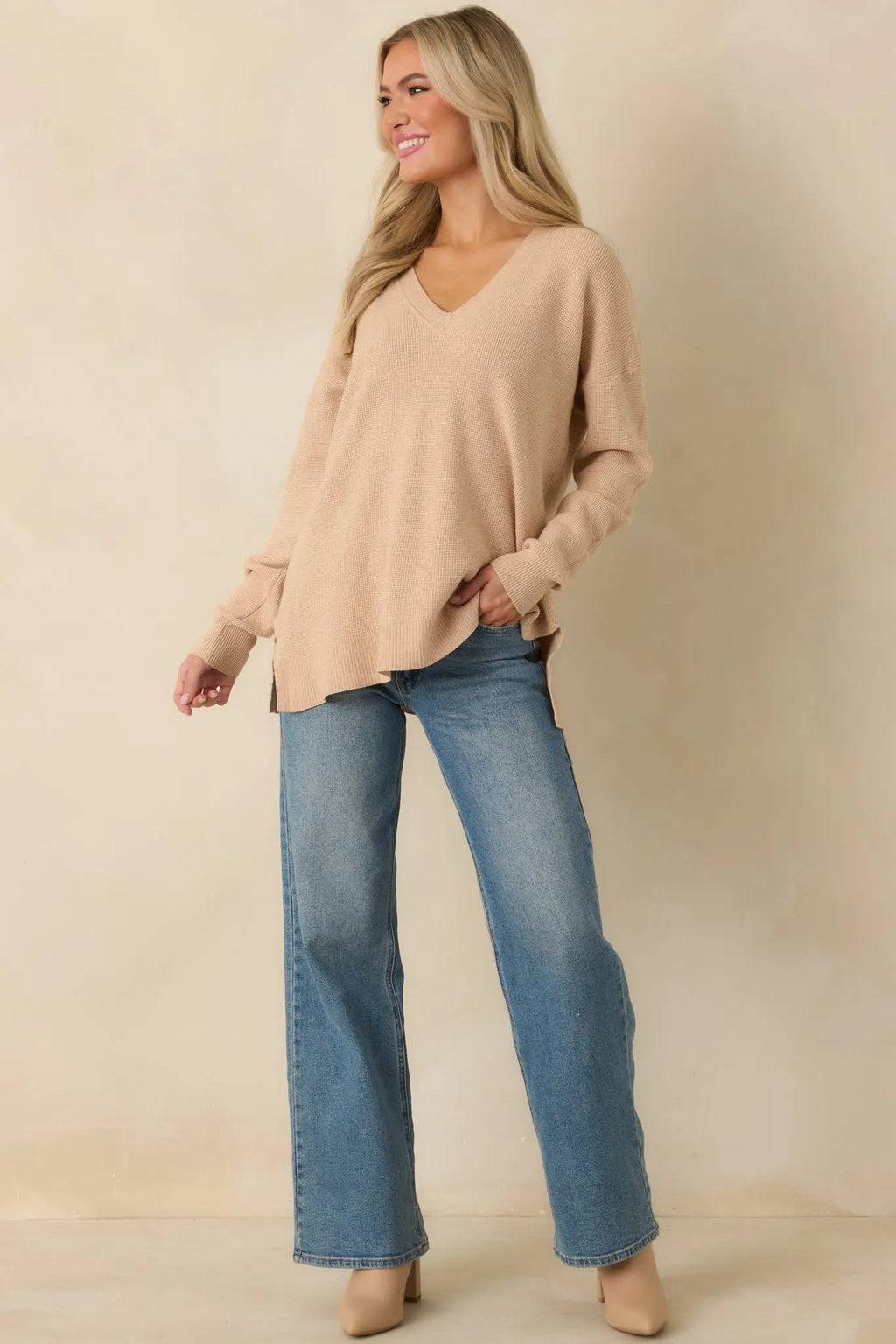 Women's Cozy Afternoon Light Taupe V-Neck Sweater | 50% Viscose 27% Polyester & 23% Nylon 2