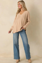 Women's Cozy Afternoon Light Taupe V-Neck Sweater | 50% Viscose 27% Polyester & 23% Nylon 2