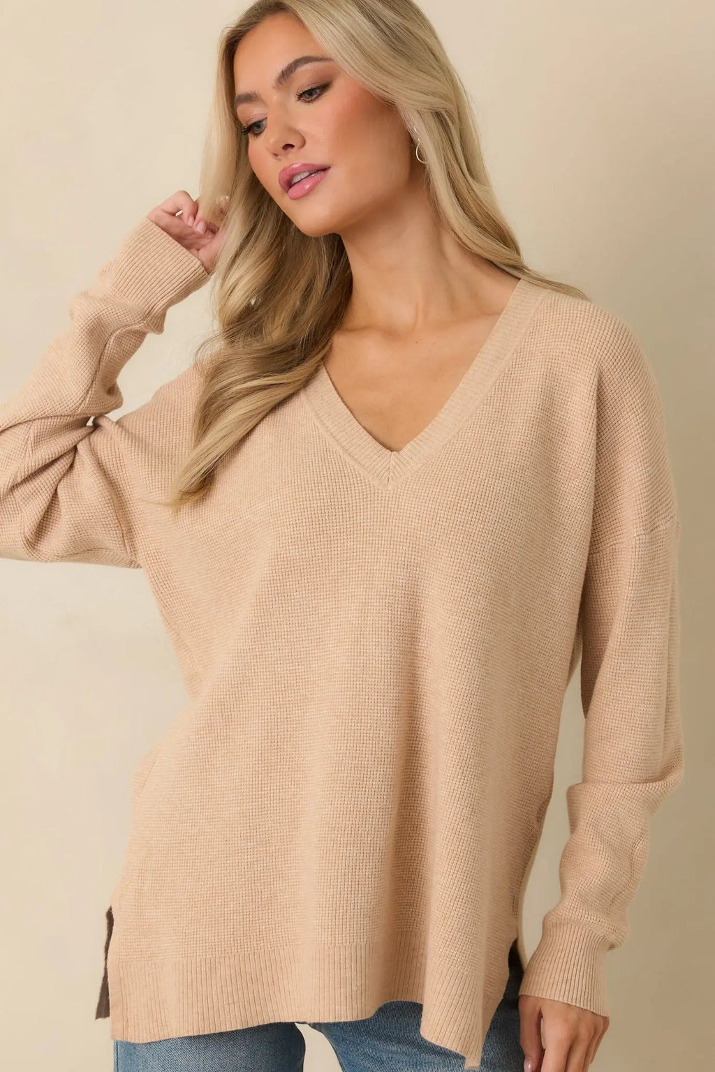 Women's Cozy Afternoon Light Taupe V-Neck Sweater | 50% Viscose 27% Polyester & 23% Nylon 5