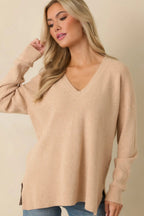 Women's Cozy Afternoon Light Taupe V-Neck Sweater | 50% Viscose 27% Polyester & 23% Nylon 5