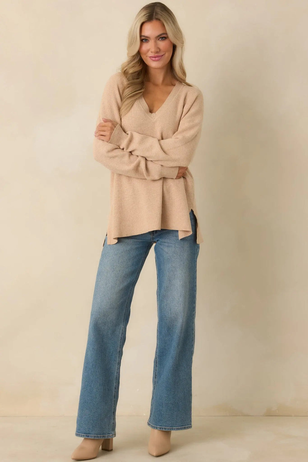 Women's Cozy Afternoon Light Taupe V-Neck Sweater | 50% Viscose 27% Polyester & 23% Nylon 6