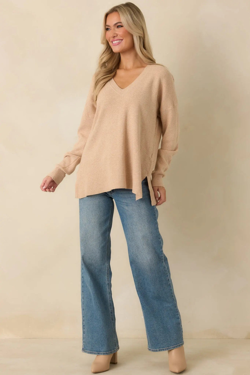 Women's Cozy Afternoon Light Taupe V-Neck Sweater | 50% Viscose 27% Polyester & 23% Nylon 7