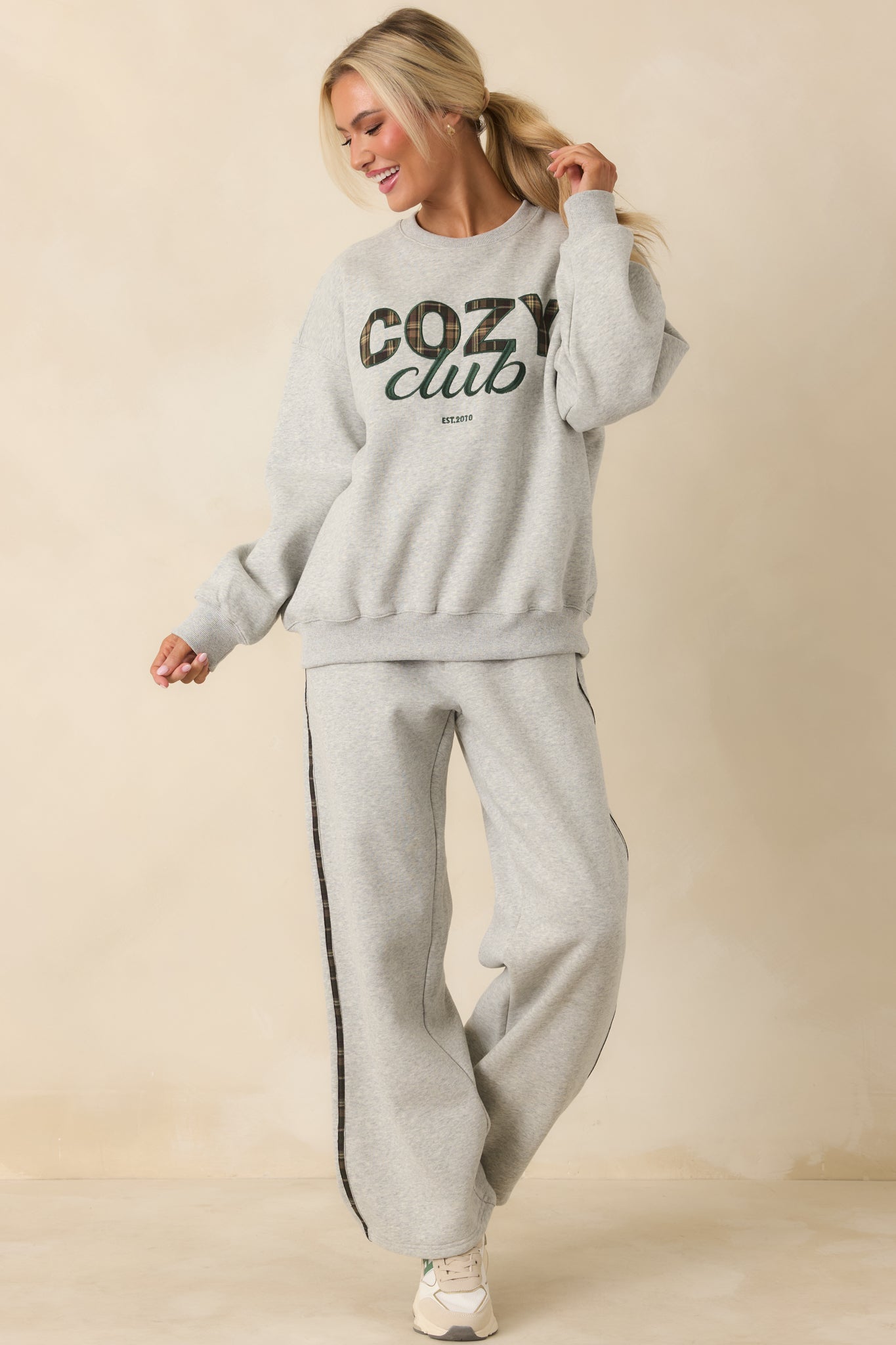 Women's Cozy Club Heather Grey Plaid Stripe Sweatpants | 50% Polyester & 50% Cotton Contrast: 98% Polyester 4