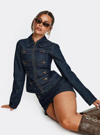 Women's Cristen Cadet Denim Mini Skirt Indigo | Mini skirt in solid indigo denim with gold-tone bu 0