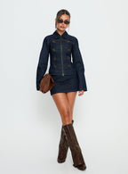 Women's Cristen Cadet Denim Mini Skirt Indigo | Mini skirt in solid indigo denim with gold-tone bu 2