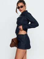 Women's Cristen Cadet Denim Mini Skirt Indigo | Mini skirt in solid indigo denim with gold-tone bu 3