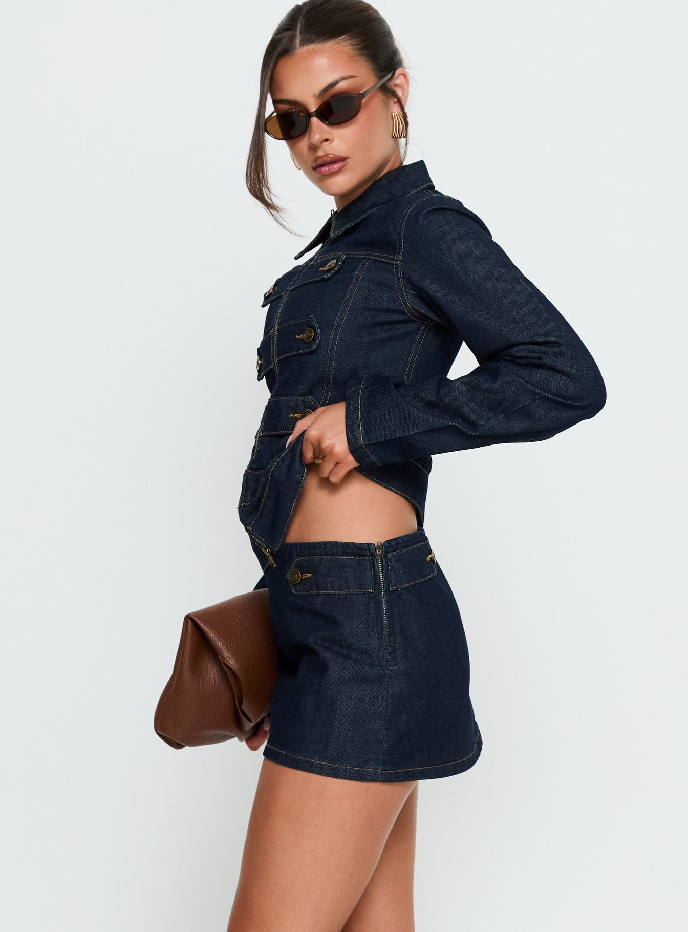 Women's Cristen Cadet Denim Mini Skirt Indigo | Mini skirt in solid indigo denim with gold-tone bu 3
