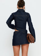 Women's Cristen Cadet Denim Mini Skirt Indigo | Mini skirt in solid indigo denim with gold-tone bu 4