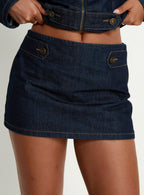 Women's Cristen Cadet Denim Mini Skirt Indigo | Mini skirt in solid indigo denim with gold-tone bu 5