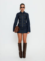 Women's Cristen Cadet Denim Mini Skirt Indigo | Mini skirt in solid indigo denim with gold-tone bu 6