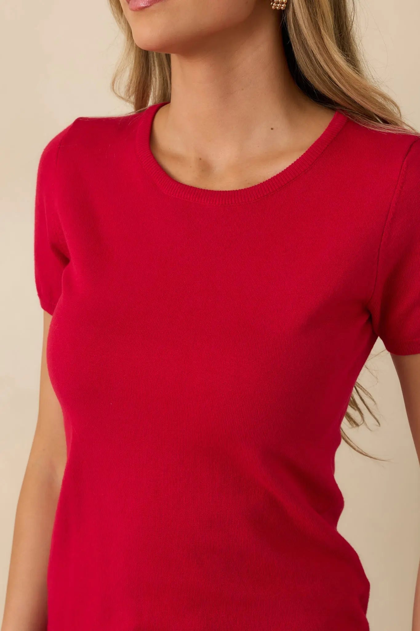 Women's Cross Your Mind Red Short Sleeve Sweater Top | 70% Viscose & 30% Nylon 1