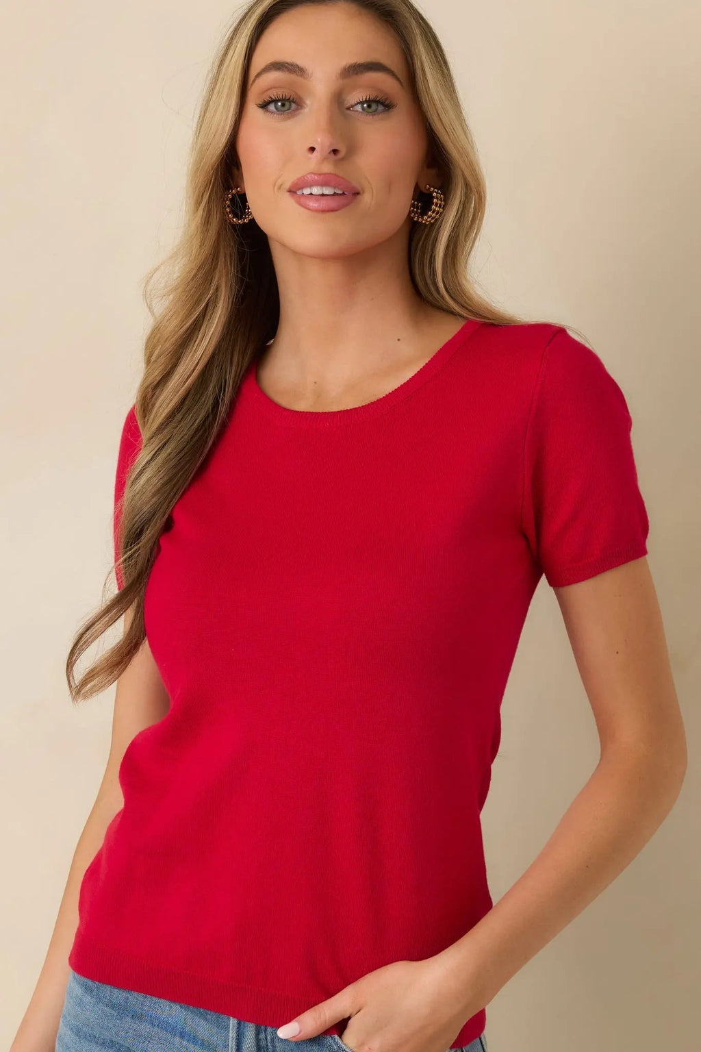 Women's Cross Your Mind Red Short Sleeve Sweater Top | 70% Viscose & 30% Nylon 2