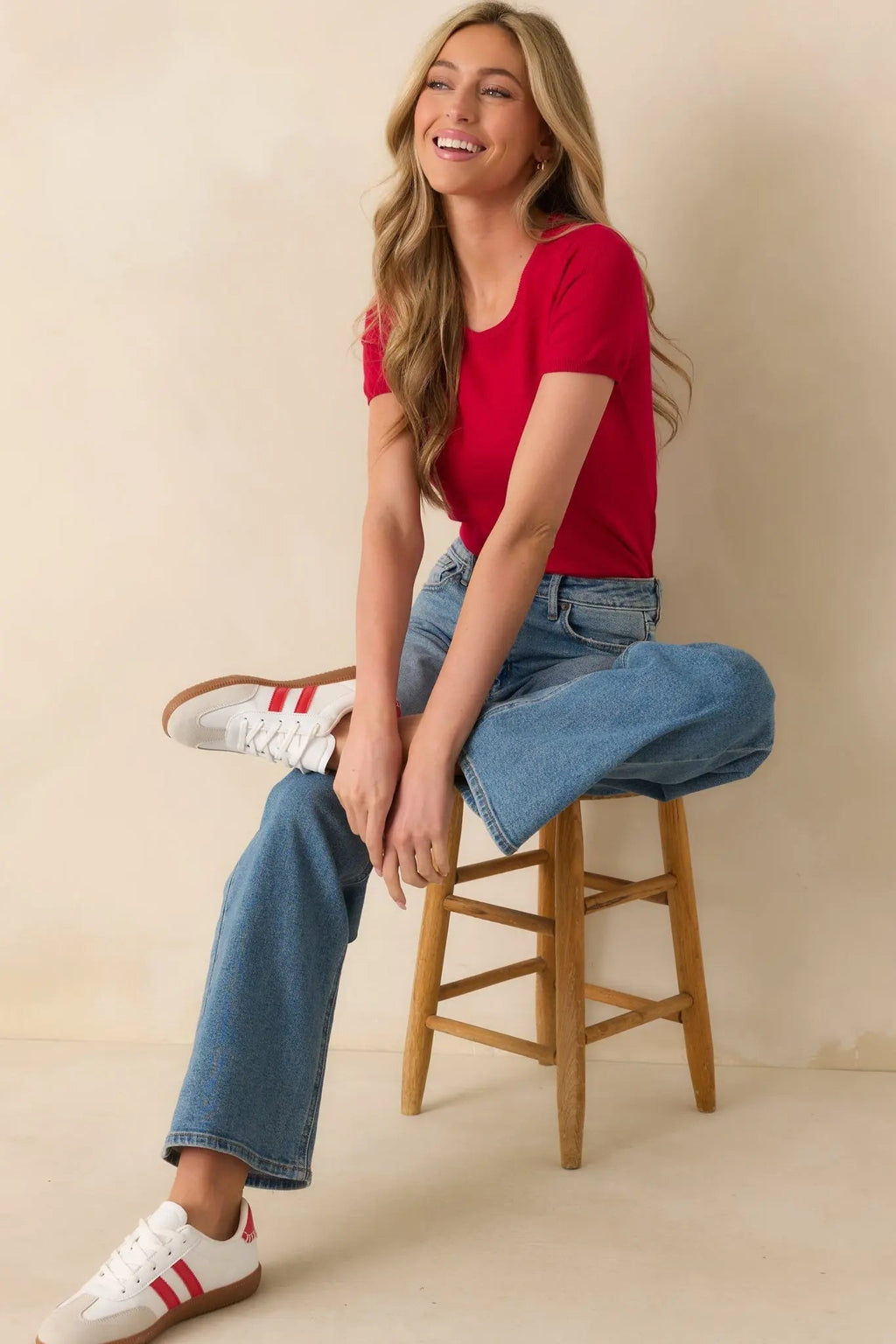 Women's Cross Your Mind Red Short Sleeve Sweater Top | 70% Viscose & 30% Nylon 7