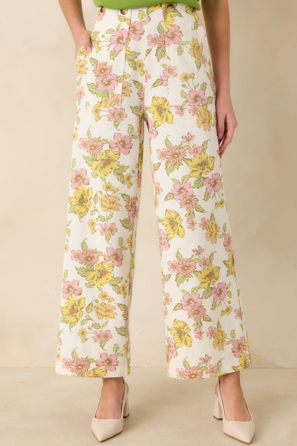 Women's Crossing The Line Ivory Floral Print Wide Leg Pants | 80% Cotton & 20% Viscose 0