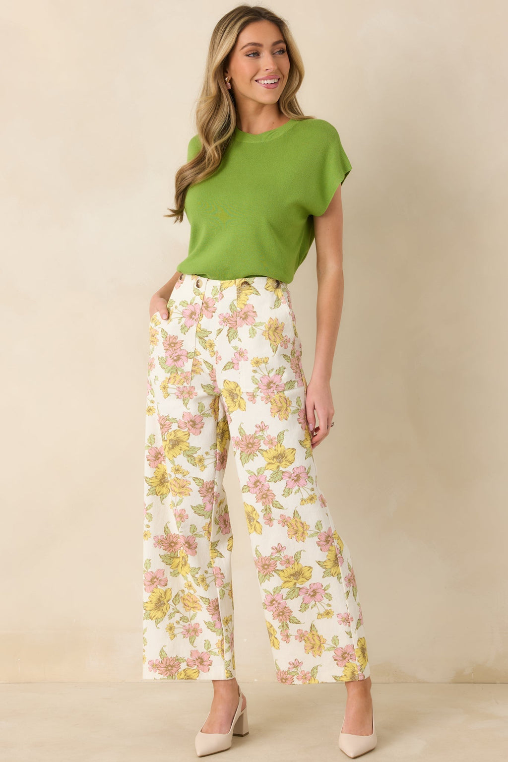 Women's Crossing The Line Ivory Floral Print Wide Leg Pants | 80% Cotton & 20% Viscose 1
