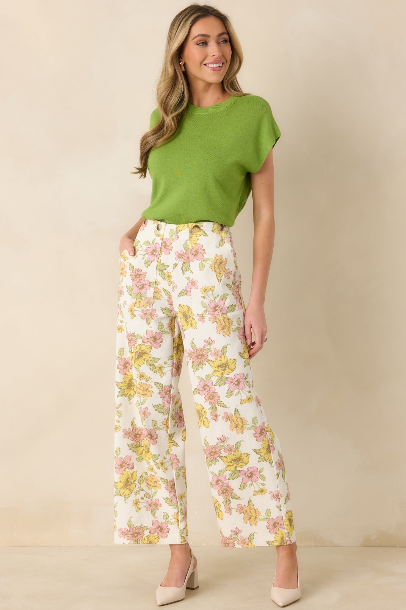 Women's Crossing The Line Ivory Floral Print Wide Leg Pants | 80% Cotton & 20% Viscose 1