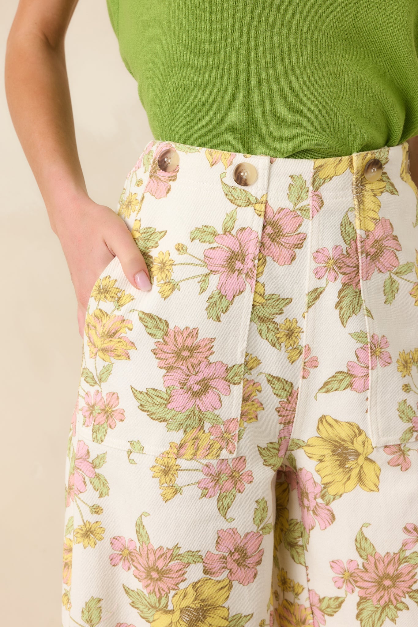 Women's Crossing The Line Ivory Floral Print Wide Leg Pants | 80% Cotton & 20% Viscose 2