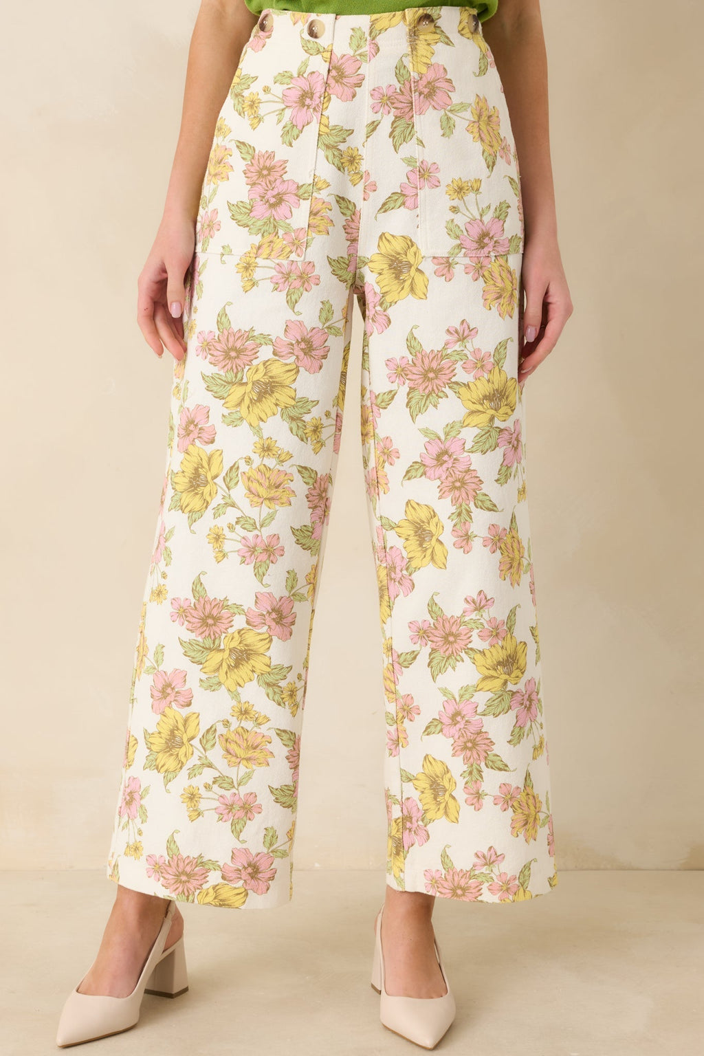 Women's Crossing The Line Ivory Floral Print Wide Leg Pants | 80% Cotton & 20% Viscose 4
