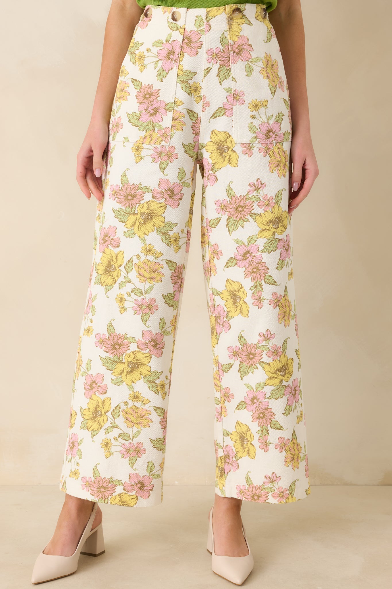 Women's Crossing The Line Ivory Floral Print Wide Leg Pants | 80% Cotton & 20% Viscose 4