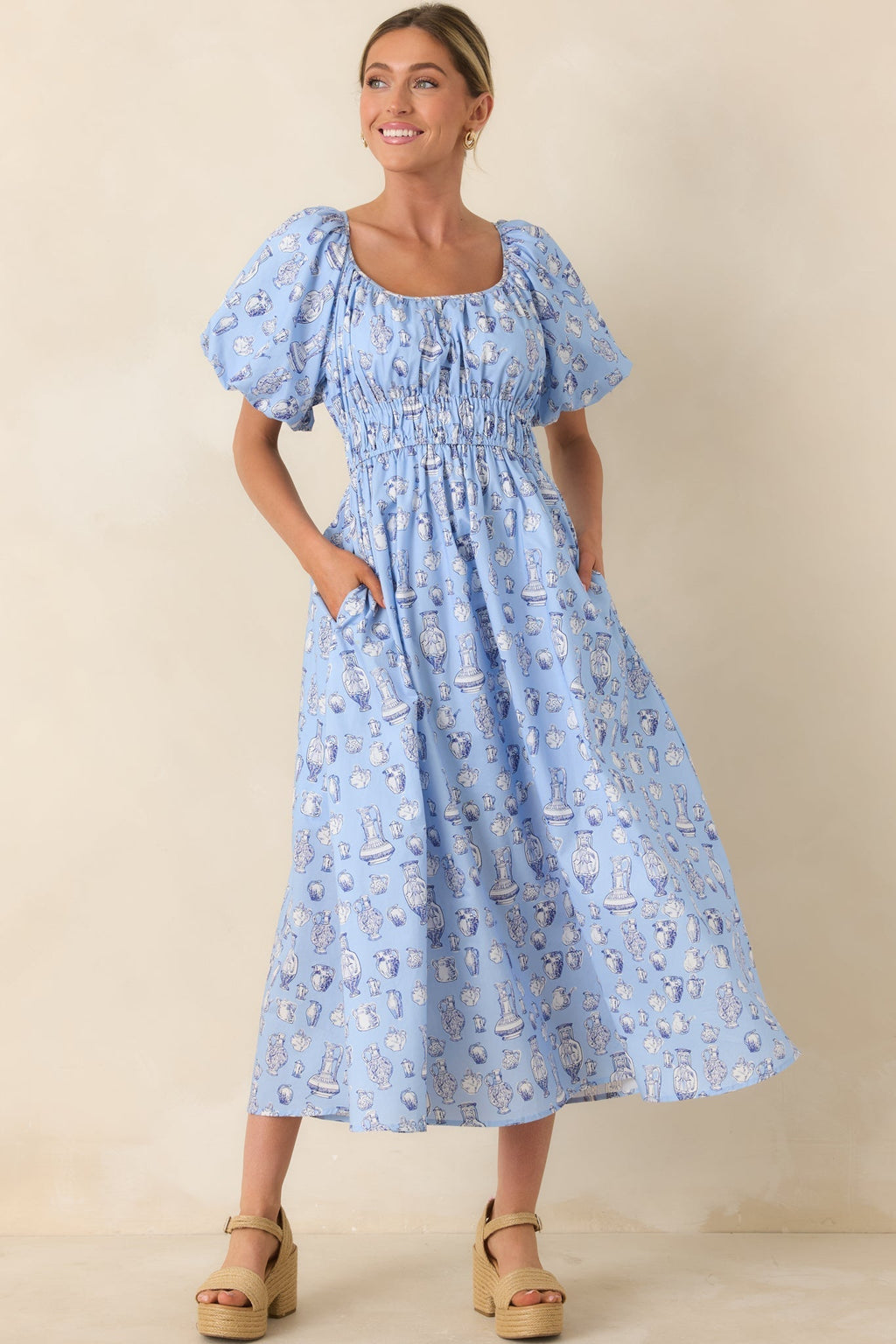 Women's Curated Charm Blue Toile Print Cotton Midi Dress | 100% Cotton 3
