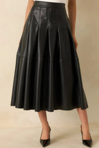 Women's Cut To Perfection Black Faux Leather Pleated Midi Skirt | 45% Polyurethane & 55% Polyester 4