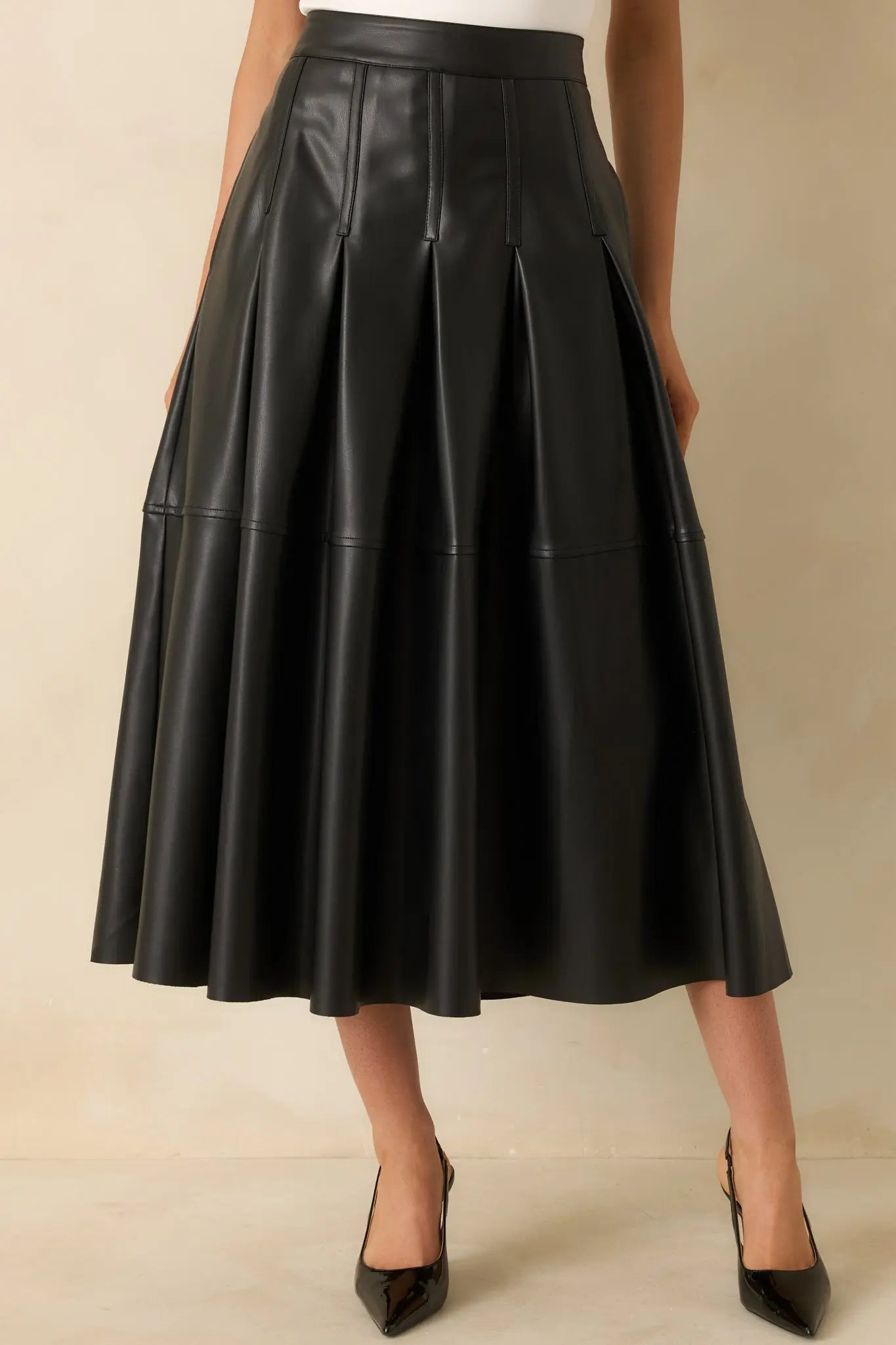 Women's Cut To Perfection Black Faux Leather Pleated Midi Skirt | 45% Polyurethane & 55% Polyester 5