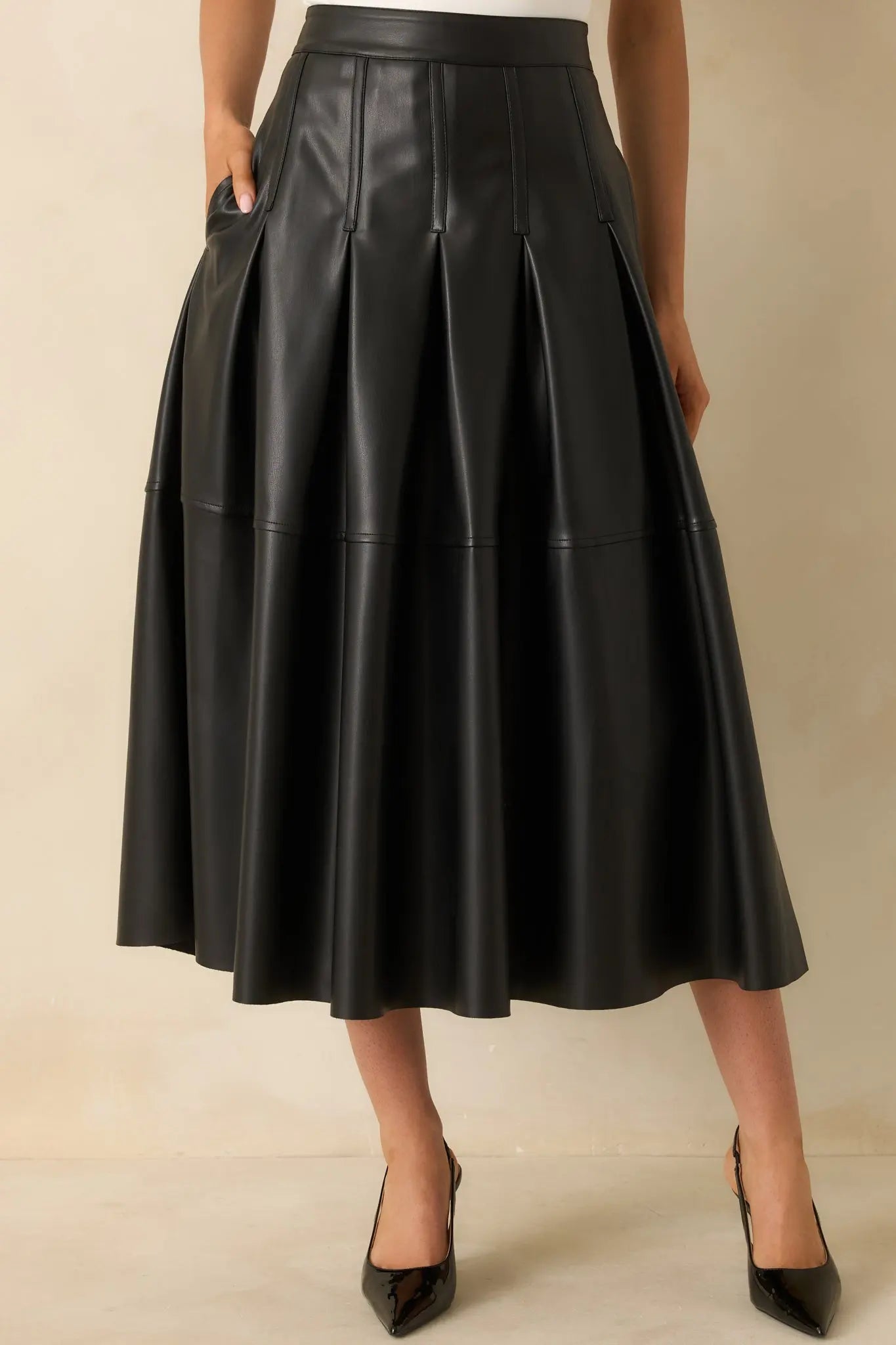 Women's Cut To Perfection Black Faux Leather Pleated Midi Skirt | 45% Polyurethane & 55% Polyester 6