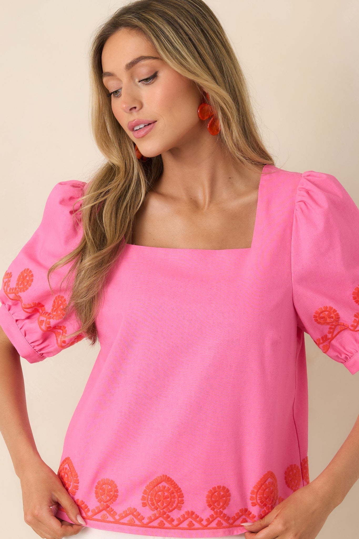 Women's Cute With a Kick Pink & Poppy Red Contrast Embroidered Top | 70% Cotton & 30% Linen 1